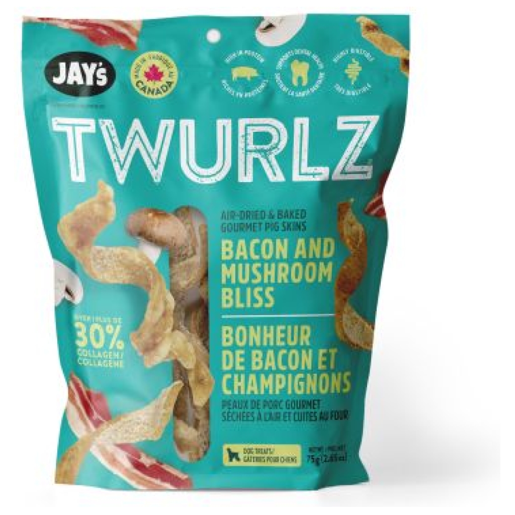 Jay’s Twurlz Bacon & Mushroom Bliss Pig Skin Dog Treats (75 g)