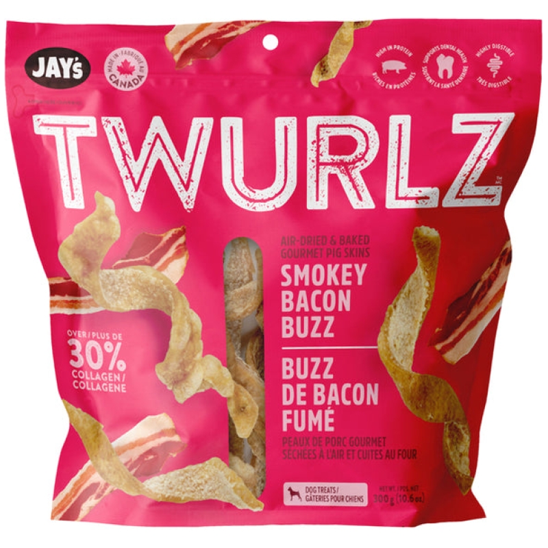 Jay's Twurlz Smokey Bacon Buzz Air-Dried Pig Skin Chews (300 g)